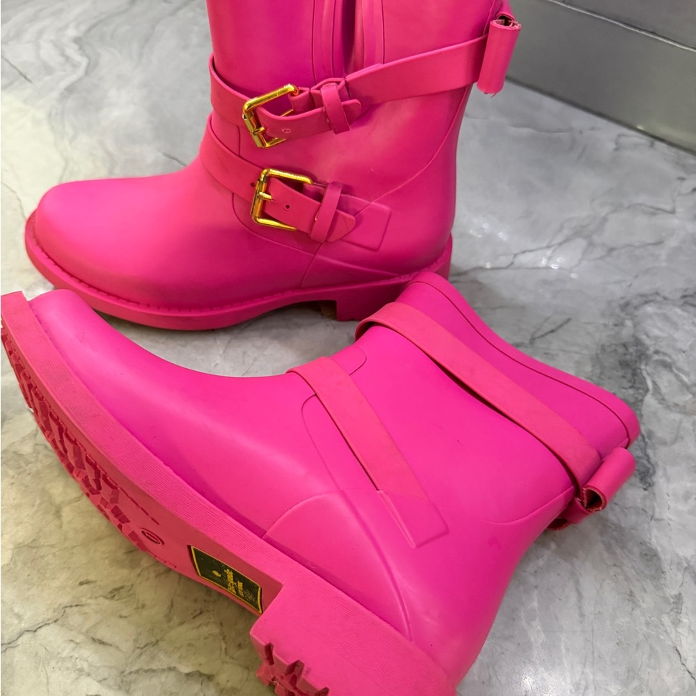 kate spade Hot Pink Rain Boots with Gold Buckles